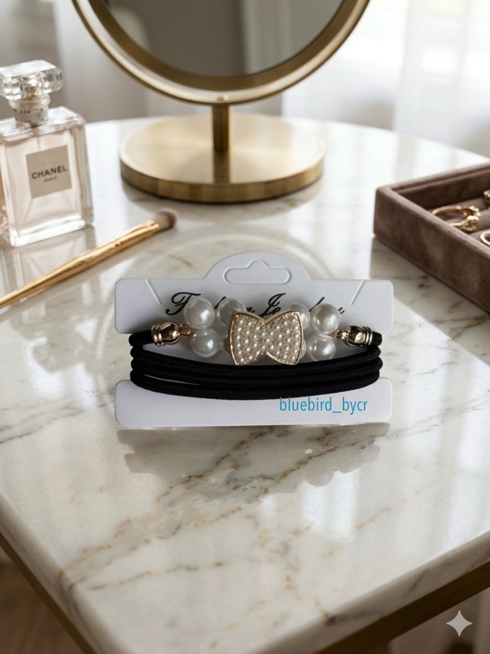 Adorable Pearl Bow Black Hair Tie Set